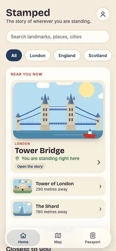 Stamped home screen showing the landmark you are standing at